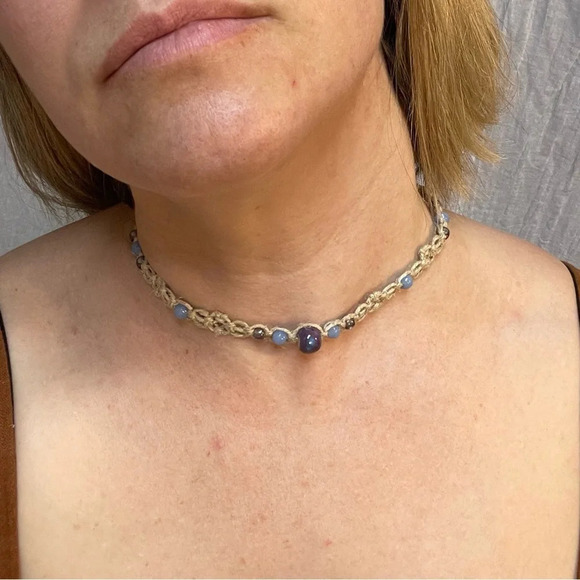NWT Handmade by Me Macraméd Natural Hemp Purple & Blue Choker Necklace - Picture 10 of 10